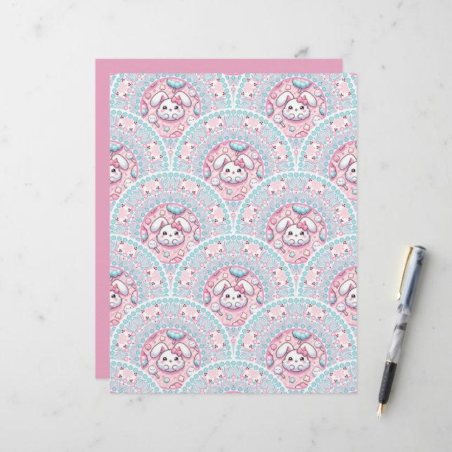 Cotton Candy Kawaii Bunny Mandala Art Deco Papier (Vorderseite/Rückseite Beispiel)