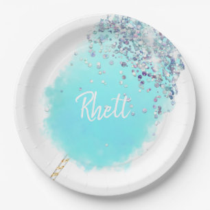 Cotton candy niedlich blauen und silbernen Glitzer Pappteller