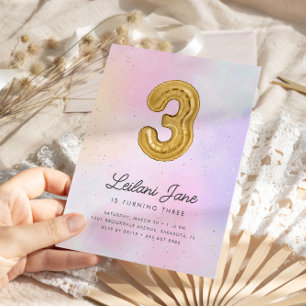 Cotton Candy Watercolor Girls 3rd Birthday Balloon Einladung