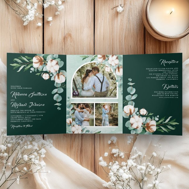 Cotton Eucalyptus Photo All in One Emerald Wedding Dreifach Gefaltete Einladung (Von Creator hochgeladen)