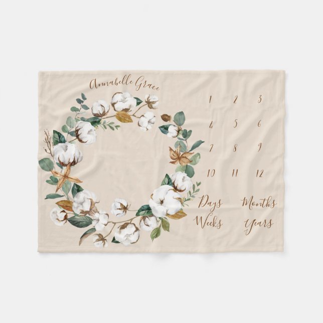 Cotton Eucalyptus Wreath Monthly Baby Milestone Fleecedecke (Vorderseite (Horizontal))