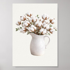 Cotton Flowers in White Pitcher Botanical Farmhous Poster