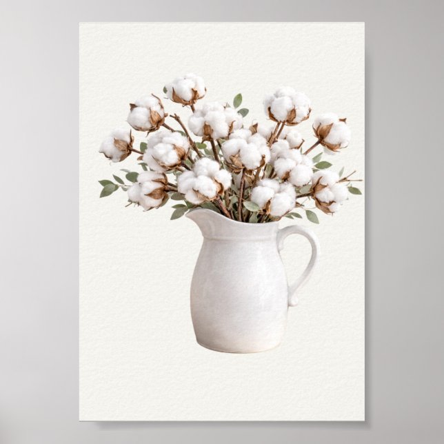 Cotton Flowers in White Pitcher Botanical Farmhous Poster (Vorne)