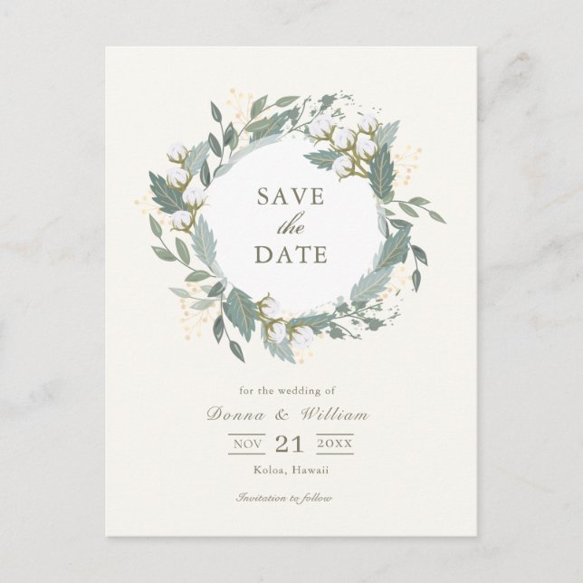 Cotton Garden Wreath White Save the Date Ankündigungspostkarte (Vorderseite)