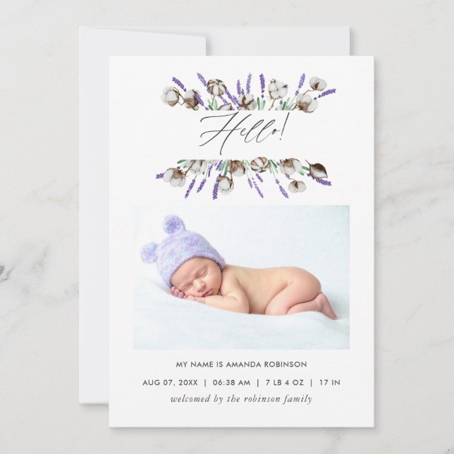 Cotton Lavender Birth Announcement Foto-Karte Ankündigung (Vorderseite)