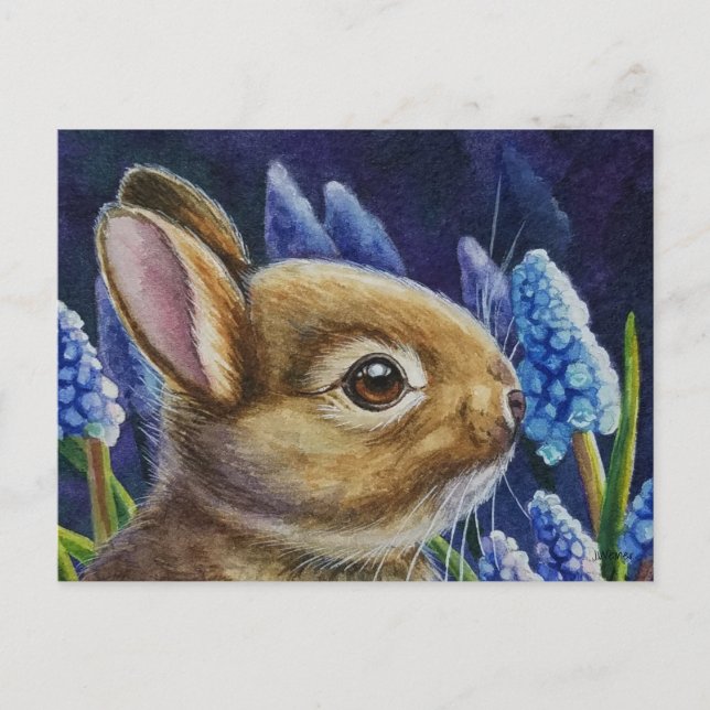 Cottontail Rabbit & Trauben Hyazinth Wasserfarben  Postkarte (Vorderseite)