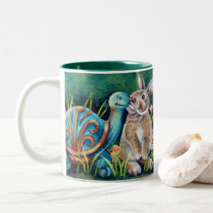 Cottontail Rabbit & Turtle Statue Wasserfarbe Kuns Zweifarbige Tasse