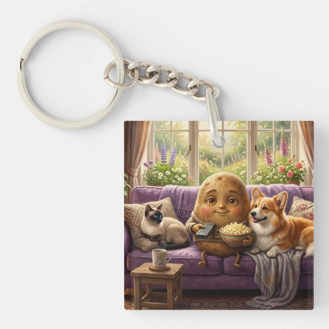 Couch-Potato-Corgi und Katze Schlüsselanhänger (Vorderseite)