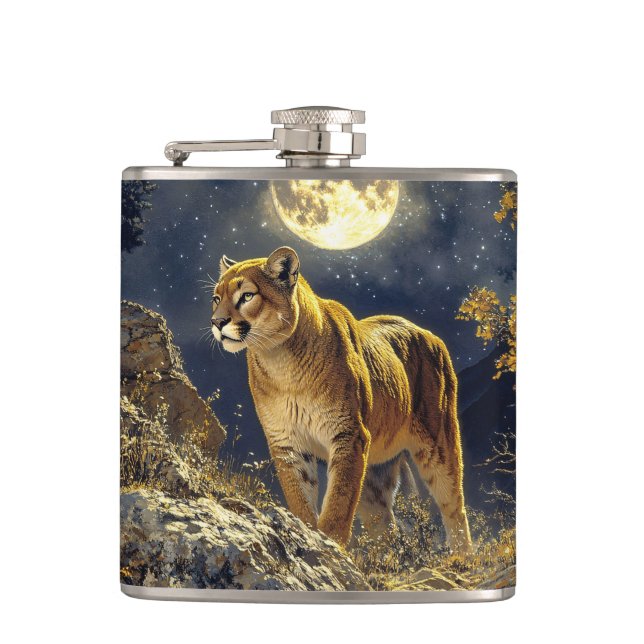 Cougar im Mondlicht Wildlife Art Flachmann (Vorderseite)