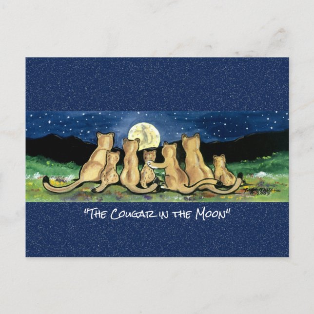 Cougar in the Moon Whimsical Watercolor Postcard Postkarte (Vorderseite)