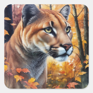 Cougar Watercolor Autumn Cat Art Quadratischer Aufkleber