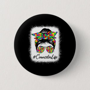 Counselor Messy Bun Women Supporting Autism Awaren Button
