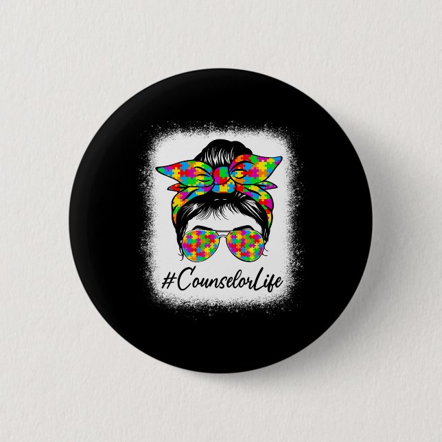 Counselor Messy Bun Women Supporting Autism Awaren Button (Vorderseite)