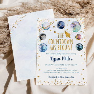 Countdown hat Blue Gold Space Baby Dusche gestarte Einladung