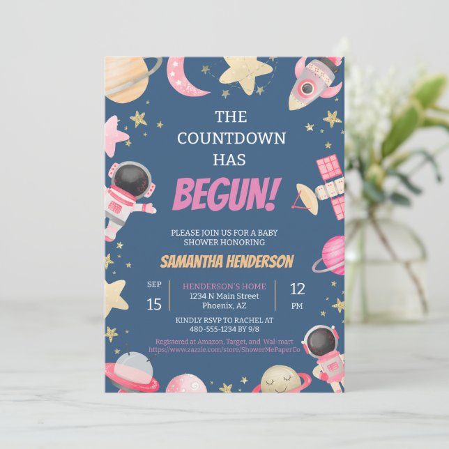 Countdown Space Girl Baby Dusche Einladung (Stehend Vorderseite)