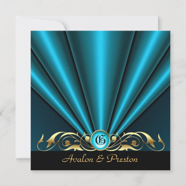 Countess Aquamarin Silk Gather Gold Scroll Einladu Einladung (Vorderseite)