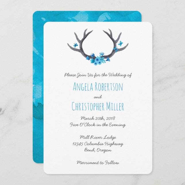 Country Antlers Blue Wedding Einladung (Vorne/Hinten)