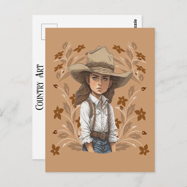 Country Art Cowgirl Cowboy Hat Pose mit Blume Postkarte (Vorne/Hinten)