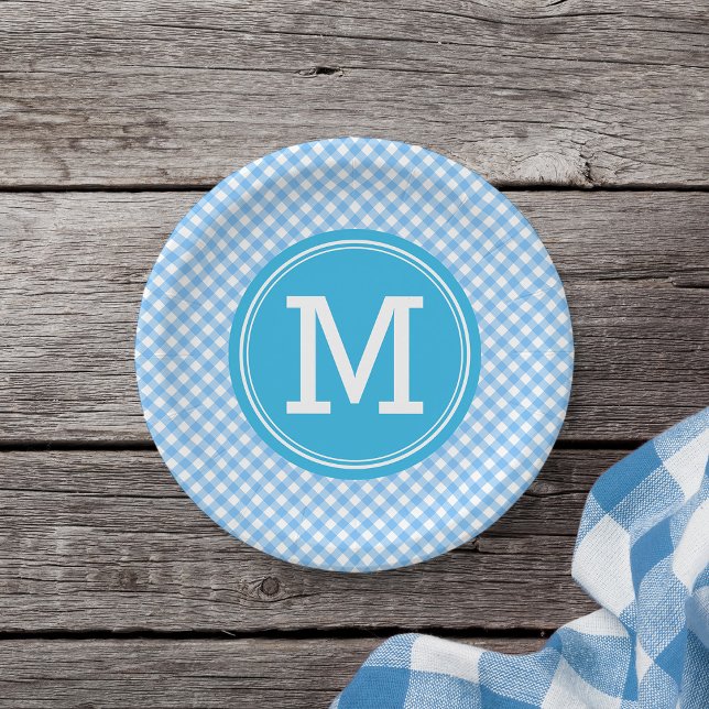 Country Baby Blue Gingham Personalize Monogram Pappteller (Von Creator hochgeladen)