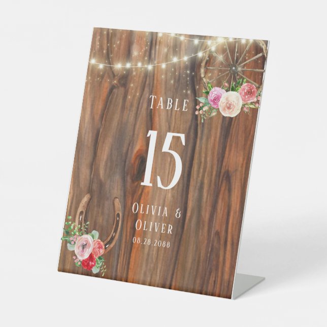 Country Backyard Wood Wheel Hufeisen Tischnummer Sockelschild (Vorderseite)