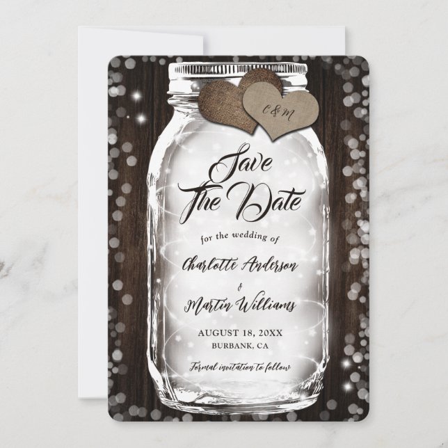 Country Barn Holz String Lights Mason Jar Wedding Save The Date (Vorderseite)