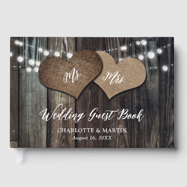 Country Barn Holz String Lights Mr & Mrs. Wedding Gästebuch (Vorderseite)