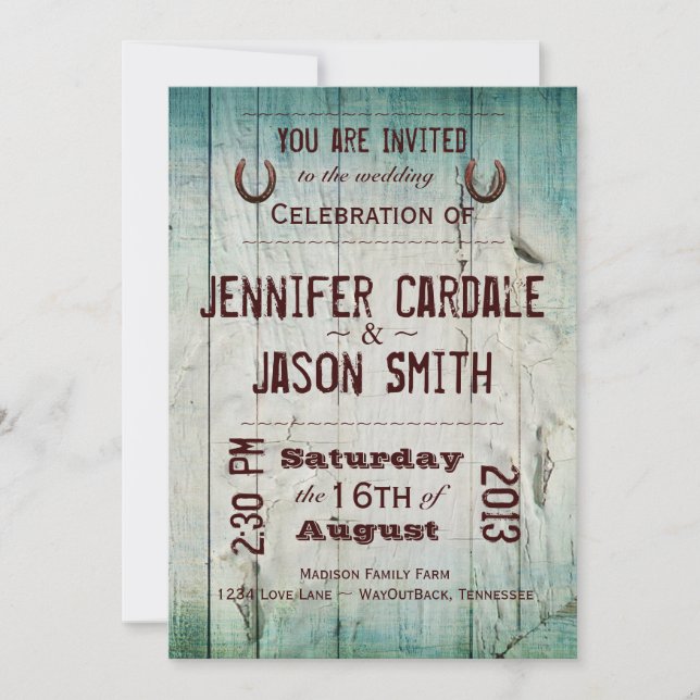 Country Barn Wood Typografy Hochzeit Einladungen (Vorderseite)