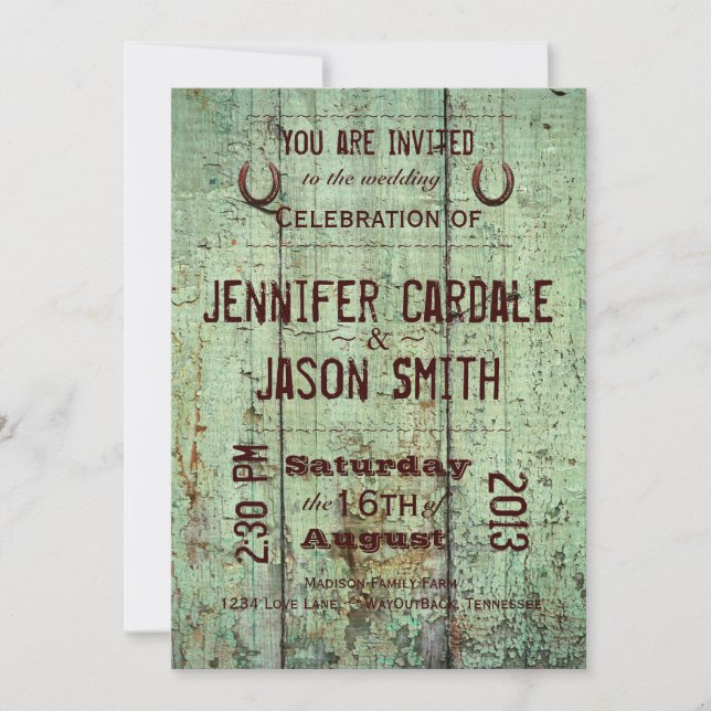 Country Barn Wood Typografy Hochzeit Einladungen (Vorderseite)
