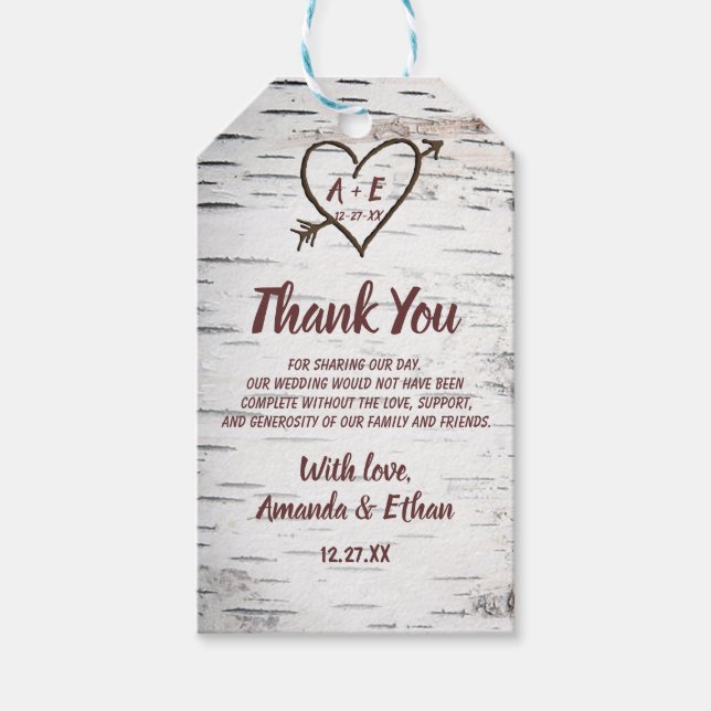 Country Birch Tree Bark Heart Arrow Rustikale Hoch Geschenkanhänger (Vorderseite)