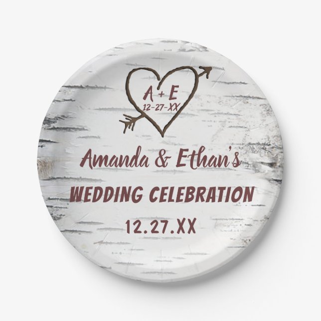 Country Birch Tree Bark Heart Arrow Rustikale Hoch Pappteller (Vorderseite)