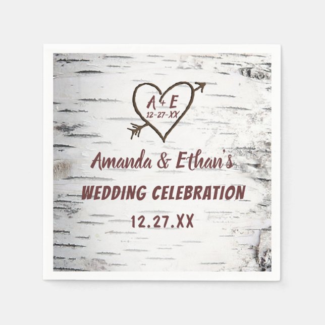 Country Birch Tree Bark Heart Arrow Rustikale Hoch Serviette (Vorderseite)