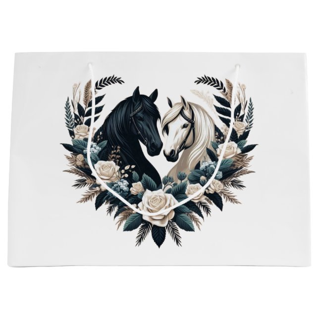 Country Black and White Horses in Liebe Große Geschenktüte (Vorderseite)