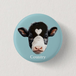 Country Black and White Kuw Face on Light Blue Button