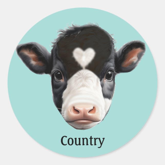 Country Black and White Kuw Face on Light Blue Runder Aufkleber (Vorderseite)