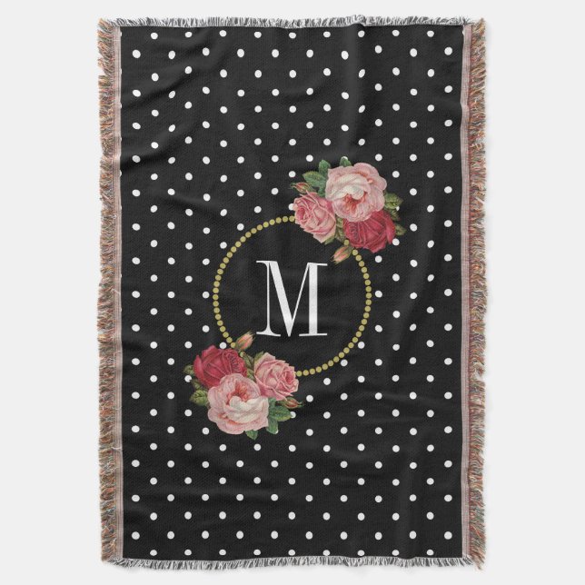 Country Black Vintag Floral Polka Dots Monogramm Decke (Vorderseite Vertikal)