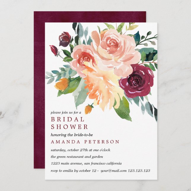 Country Bloom Bride Bouquet Burgundy Brautparty Einladung (Vorne/Hinten)