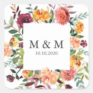 Country Bloom Rahmen floral Chic Hochzeitsmonogram Quadratischer Aufkleber