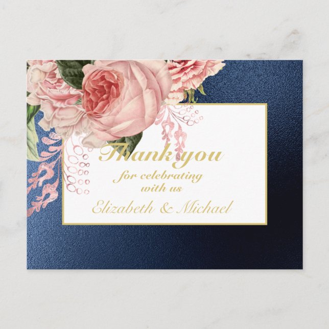 Country Blue Blush Pink Roses Navy Gold DANK Postkarte (Vorderseite)