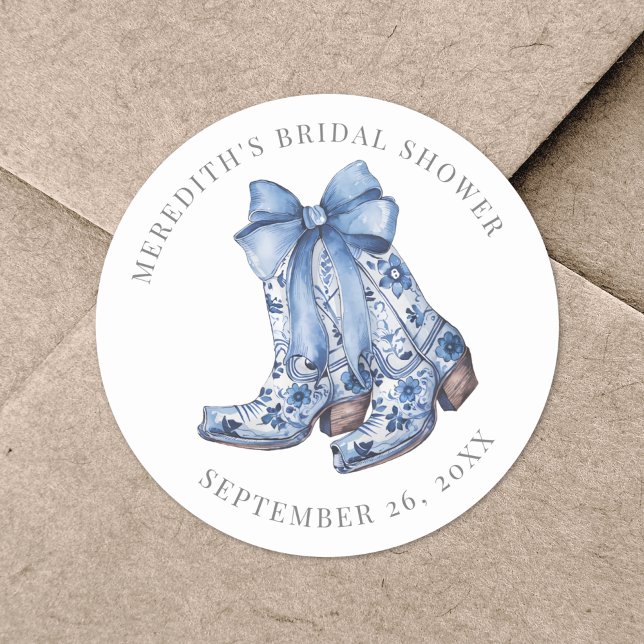 Country Blue Bow Cowboy Brautparty Runder Aufkleber (Country Blue Bow Cowboy Bridal Shower Classic Round Sticker)