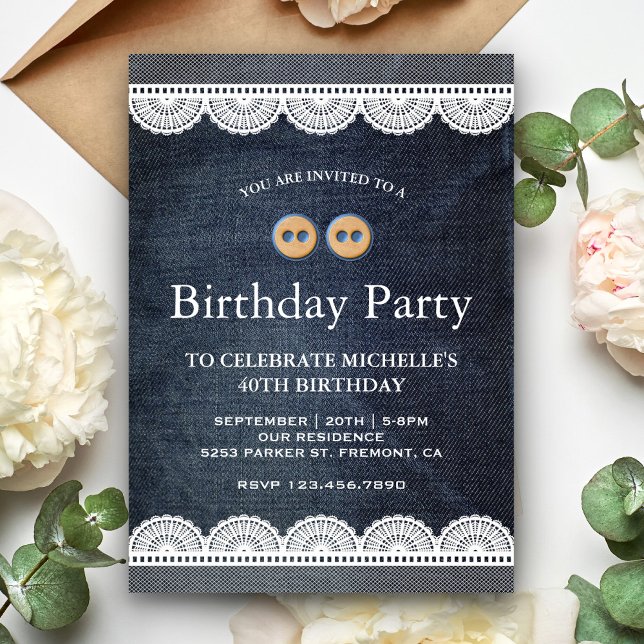 Country Blue Denim White Lace Birthday Party Einladung (Von Creator hochgeladen)