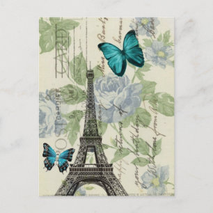 Country Blue Floral Butterfly Paris eiffel tower Postkarte