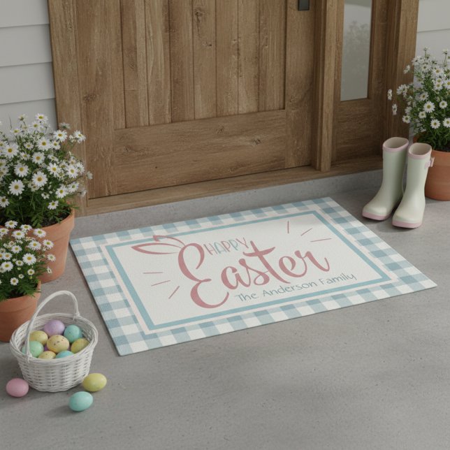 Country Blue Gingham Happy Oaster Personalisiert Fußmatte (Country Blue Gingham Happy Easter Personalized Doormat)