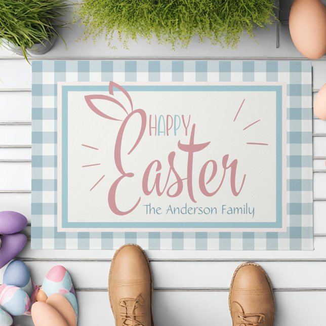 Country Blue Gingham Happy Oaster Personalisiert Fußmatte (Country Blue Gingham Happy Easter Personalized Doormat)