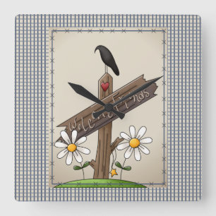 Country Blue Gingham Willkommen Freunde Quadratische Wanduhr