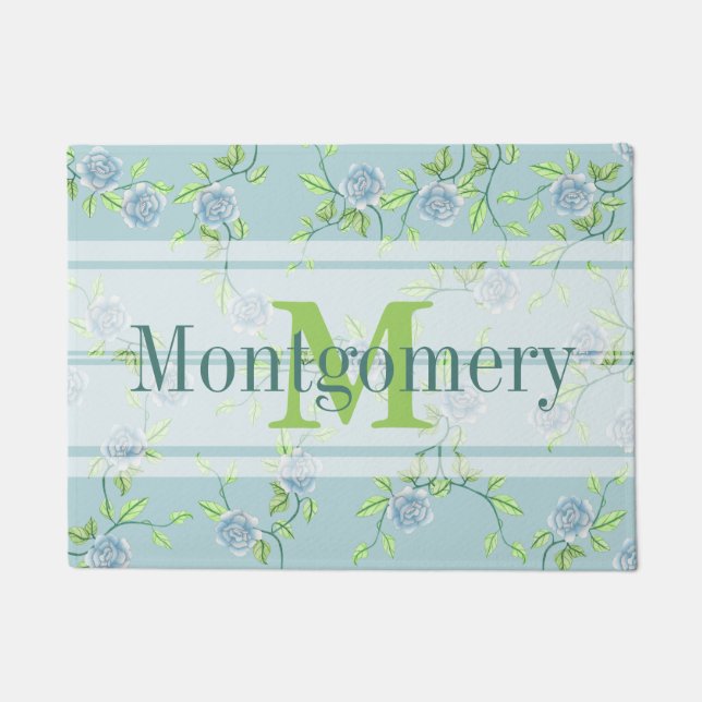 Country Blue Rose Bauernhof Chic Familienname Fußmatte (Vorderseite)