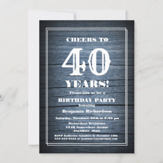 Country Blue Wood 40. Geburtstag Party Einladung
