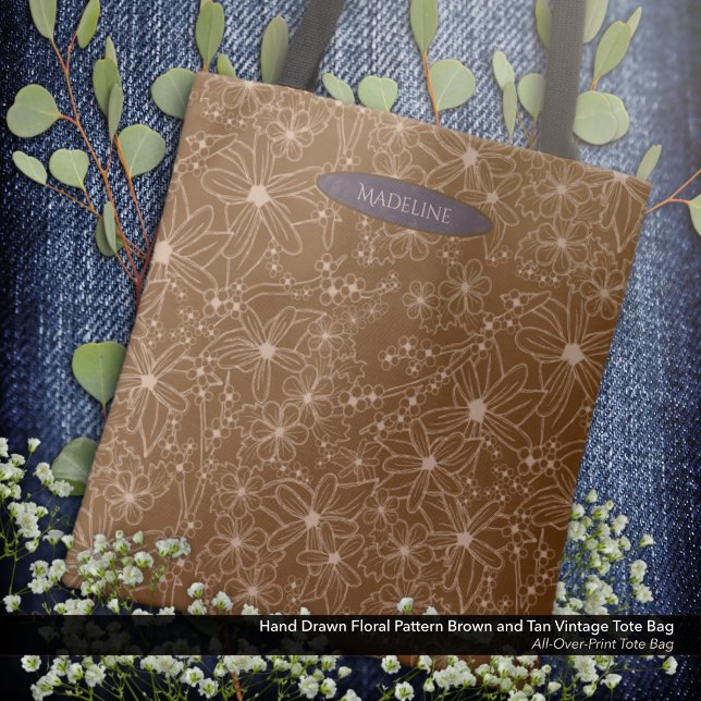 Country Blume handgezeichnetes Muster braune Rusti (Tote Bag: Hand Drawn Floral Pattern in Vintage Brown and Tan with the Owner's Name in Dark Purple.)