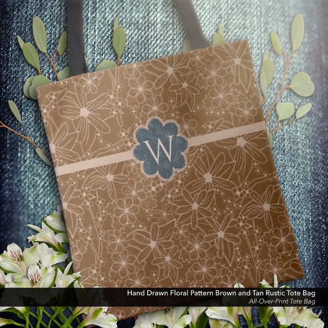 Country Blume handgezeichnetes Muster braune Rusti (Tote Bag: Rustic Hand Drawn Floral Pattern in Brown and Tan with Distressed Dark Blue Monogram.)