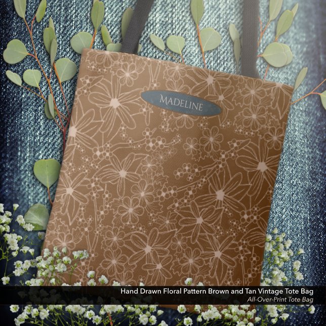 Country Blume handgezeichnetes Muster braune Rusti (Tote Bag: Hand Drawn Floral Pattern in Vintage Brown and Tan with the Owner's Name in Dark Blue.)