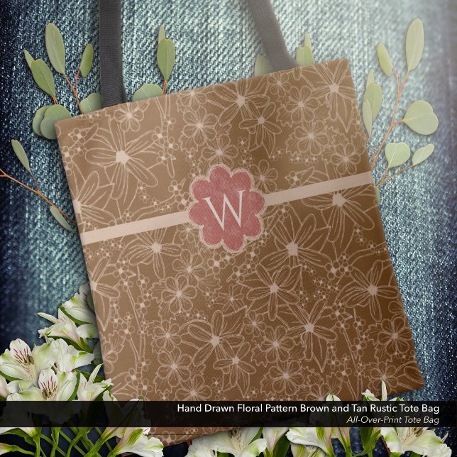 Country Blume handgezeichnetes Muster braune Rusti (Tote Bag: Rustic Hand Drawn Floral Pattern in Brown and Tan with Distressed Brick Red Monogram.)